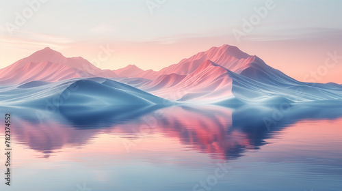 sunrise over lake in mountains, tranquil background with subtle gradients and soft, pastel hues, invoking a sense of calm and serenity in minimalist design