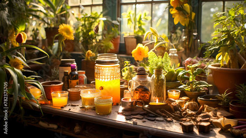 Herbal Tea Preparation with Honey and Candles on Wooden Table