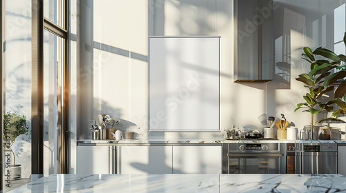A blank poster mockup on a bright, sunlit wall of a modern kitchen, with stainless steel appliances and marble countertops reflecting the morning light. 32k, full ultra hd, high resolution