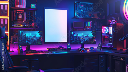 A blank poster mockup on a gamera??s desk, with a high-performance gaming PC, multiple monitors, and RGB lighting casting vibrant colors across the dark room. 32k, full ultra hd, high resolution