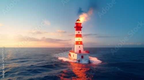 Lighthouse ablaze at sea, serving as vital ship emergency signal, guiding vessels through treacherous waters and providing essential navigational aid. 