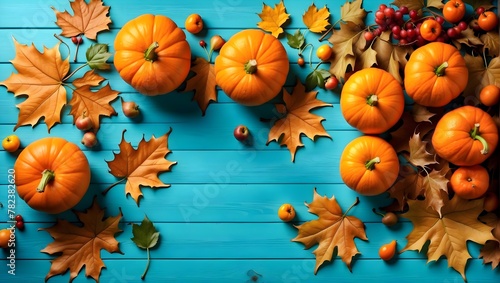 Pumpkins, apples, berries, and fall leaves adorn a blue wooden background, capturing the essence of autumn foliage, Thanksgiving decoration background, Halloween season, copy space for text 
