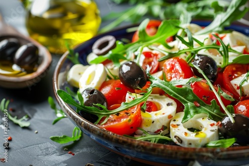 Mediterranean dish Mozzarella salad with tomatoes olives arugula and olive oil A healthy Italian Greek option