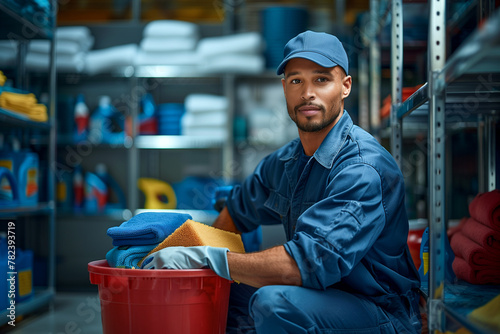 African American Black Ethnic Cleaning Worker in Blue Work Overalls in Warehouse Preparing Material of Buckets, Sponges and Rags