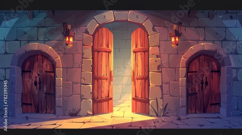 Medieval castle or dungeon with wooden doors. Cartoon illustration of stone walls and arch with closed gate. Parallax modern background for 2D animation.