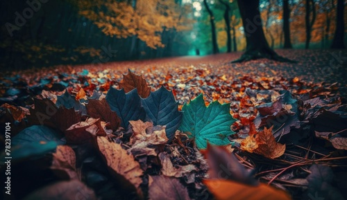 Vibrant Autumn Foliage Blanketing Forest Floor Generative AI