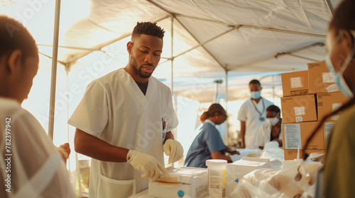 Healthcare Workers at a Community Outdoor Medical Camp Providing Assistance