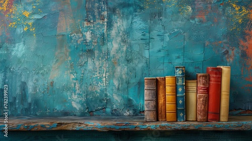 Colorful books on grungy blue background free copy space Vintage old books on wooden shelf no labels or blank spines Back to school Education background