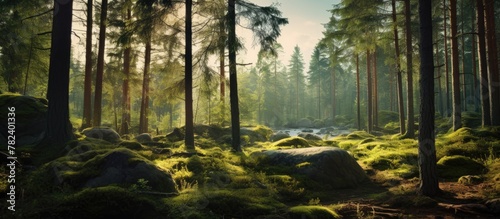 Swedish forest with moss-covered rocks
