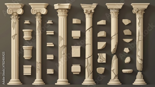 An ivory marble ancient classical architecture, stone Greece classic architecture, and an antique interior colonnade facade with a realistic 3D modern obelisks set.