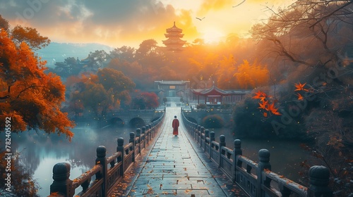 A person walks over a bridge, admiring the sunset reflecting on the lake