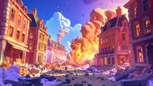 A cataclysm destruction, a natural disaster or a post-apocalyptic world ruins with broken road and street, a cartoon modern illustration of a devastated city in a war zone.