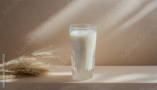 A glass of milk standing on a beige countertop next to ears of wheat, illuminated by the sun's rays, boho style. Szklanka mleka stojąca na beżowym blacie obok kłosów pszenicy w boho stylu.