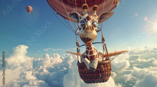 Realistic Pilot giraffe is flying high in a hot air balloon, defying gravity. The balloon is colorful, and the giraffe looks comfortable in its unusual mode of transportation.