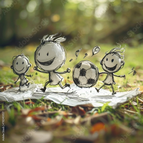 a drawing of a family playing with a soccer ball