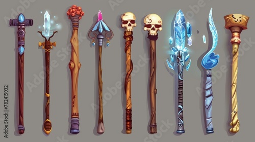 An illustrated set of sorcerer scepters with shiny crystals isolated on a dark background. Fantasy wooden and metal scepters with crystals and skulls.