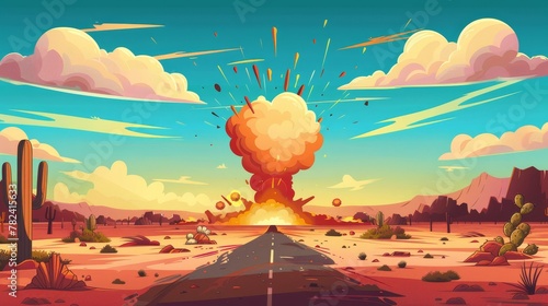 An atom bomb explodes in sand. Concept of atomic war, nuke blast. Modern illustration with cactus and mushroom cloud of smoke from an explosion.