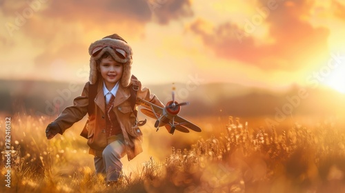 Little boy plane pilot is joyfully playing in a field, holding a toy airplane in her hands. The sun shines brightly, casting a warm glow on her as she runs around, pretending to be a pilot.