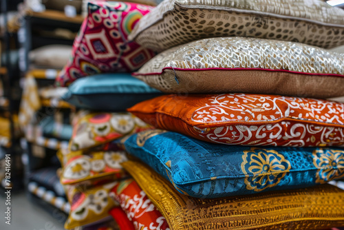 A stack of pillows with different colors and designs