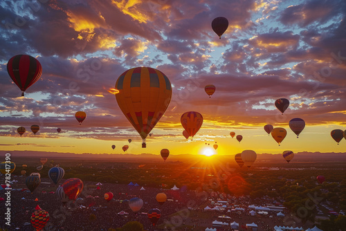 A sky full of hot air balloons with a beautiful sunset in the background