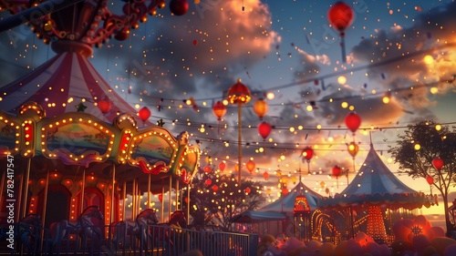 A whimsical scene of a birthday carnival at twilight, with colorful carousel horses spinning gracefully , creating a magical atmosphere of joy and wonder.