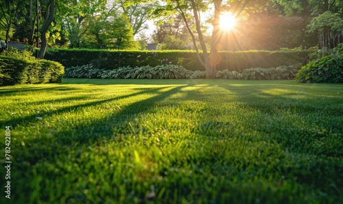 Beautiful green lawn with lush grass in the garden at sunset, golden sunlight filtering through green trees