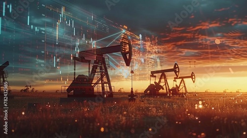 Rise in gasoline prices concept with double exposure of digital screen with financial chart graphs and oil pumps on field