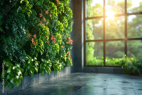 A plantlined wall and a sunlit window in a building