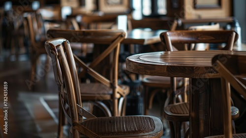 Las sillas de madera están en reposo, anticipando el zumbido de las conversaciones y el calor de la compañía en la quietud antes de que el café cobre vida.