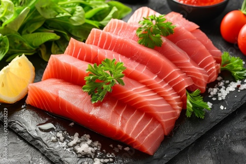 Freshly sliced tuna sashimi presented on a dark slate, accented with parsley and lemon.