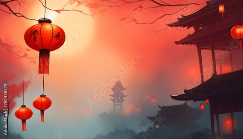 Mystical Asian Pagodas Amidst Foggy Red Lanterns at Dusk