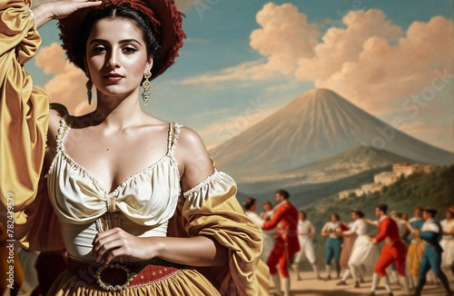 Representation of a typical dance of the Neapolitan folk tradition La Tarantella, with woman in the foreground with traditional clothes (about 1800)