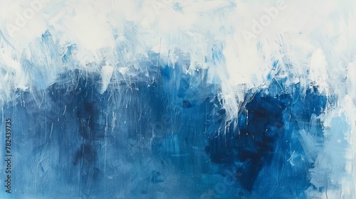 Blue and white acrylic paint creates an abstract and textured composition on canvas. Modern abstract artwork with a minimalist cool-toned color palette.