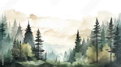 Serene Watercolor Forest Landscape Illustration Generative AI