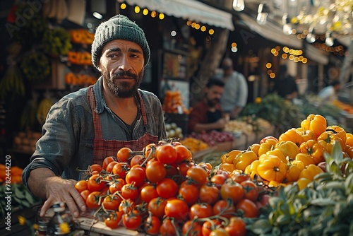 Man selling fresh tomatoes at local market, greengrocer offering natural foods