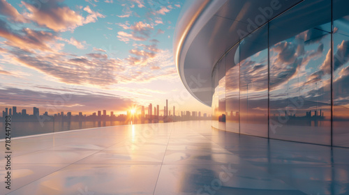 Panoramic view of futuristic curved shapes design metal facade office exterior with stunning sunrise city skyline.