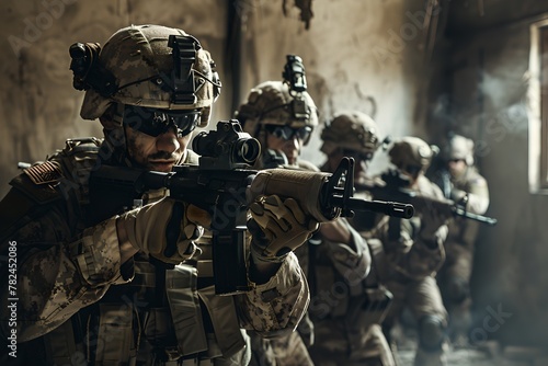 Squad of soldiers clearing a room. Armed forces concept. War operation, military conflict, modern warfare. Design for banner, poster