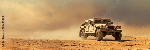 Armored military vehicle driving through the desert. Armed forces concept. War operation, military conflict, modern warfare. Design for banner, poster with copy space