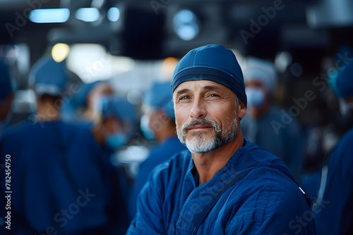 Un medico con ropa quirurgica azul y gorro con mirada de satisfaccion despues de una cirugia. Al fondo el equipo de salud.