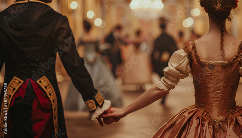 gentleman and the lady in 18th century outfits walk hand in hand towards blurry couples dancing a waltz, view from the back