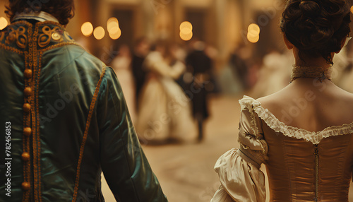 gentleman and the lady in 18th century outfits walk hand in hand towards blurry couples dancing a waltz, view from the back