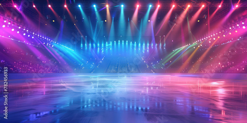skating rink illuminated with bright colorful lights and stage reflections 