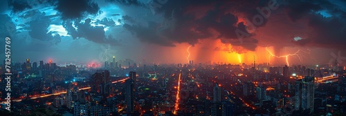Electric urban panorama: mesmerizing city skyline illuminated by lightning flashes