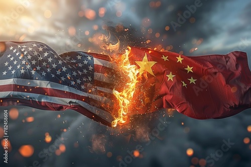 Fire of conflict: American and Chinese flags ablaze