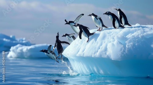 A group of penguins, known for their agility in the water, joyfully spring out of the icy Antarctic ocean onto an iceberg.