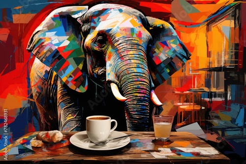 An African elephant is sipping coffee at a table with a cup