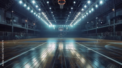Deserted indoor basketball court with moody lighting and faded floor marks. Disused sports hall with balcony and backboard