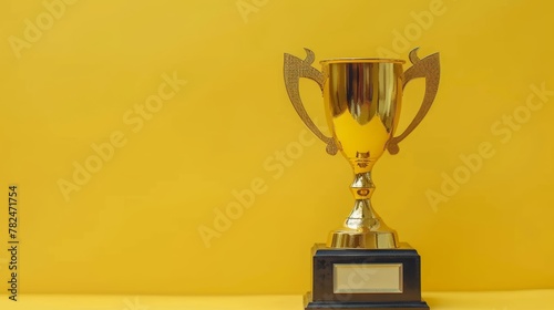 Golden trophy with textured handles on a vibrant yellow background. Bright studio shot with space for text. Achievement and success concept for poster and advertisement design