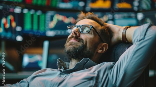 Contemplative man in glasses resting in office chair with blur stock market monitors.