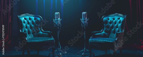 Empty stage with vintage chairs and microphones